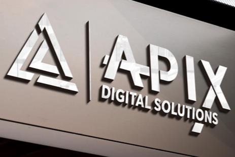 A digital rendering of the new Apix Digital Solutions logo on a wall.